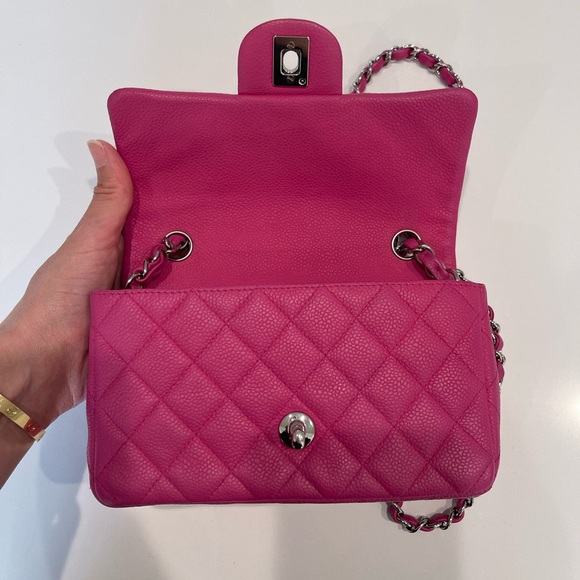 SOLD🚫AUTHENTIC Chanel Hot Pink Caviar Mini Rectangular Flap SHW - Picture 11 of 17